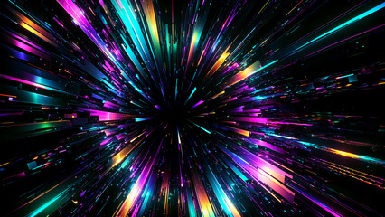 Futuristic technology abstract background with big data transferring structure on cyber speed. Digital cyberspace network data tunnel with neon rays and glowing lines. Cyber hi-tech innovation concept