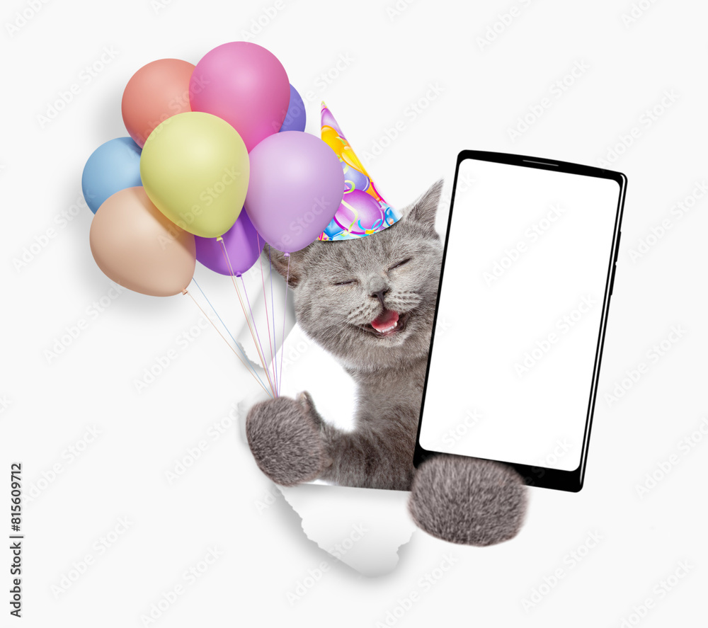 Poster happy kitten wearing party cap holds bunch of balloons, blows in party horn and shows smartphone wit