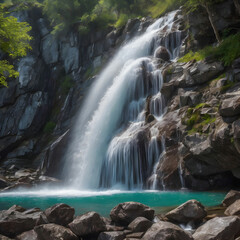 A crystal clear waterfall cascading down a rocky cliff, the water splashing against the rocks in a satisfying rhythm
