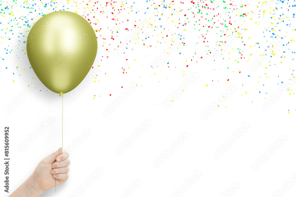 Poster female hand holds golden balloon on yellow background with confetti. empty space for text