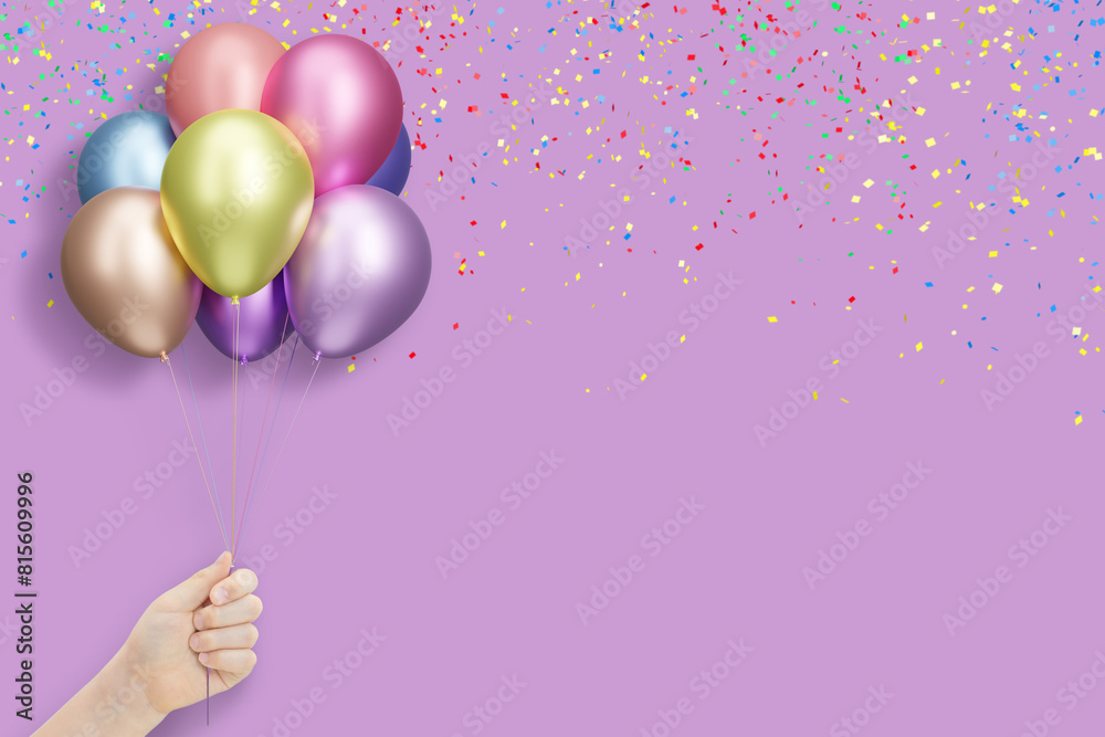 Poster female hand holding bunch of shiny colorful balloons on violet background with confetti. empty space