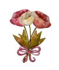 Decorative delicate floral arrangement of peonies pink and cream color with green foliage, clipart for holiday design