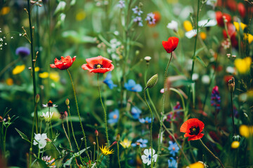 Close-up of a mix of red poppies and other wildflowers in a lush green field, highlighting natural beauty and diversity