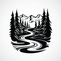 Mountain River Logo - Vector Design

Stylized black and white illustration of a river flowing through a pine forest and mountains.