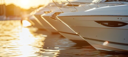 Tranquil harbor  private boats in golden hour light offer serene backdrop for text placement