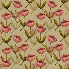 Delicate decorative peonies pink and cream color with green foliage, hand drawn digital art seamless pattern