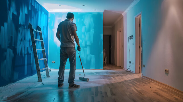 Before and After of Man Painting Roller to Reveal Newly Remodeled Room with Fresh Blue Paint and New Floors : Generative AI