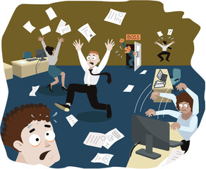 Nervous situation in the office due to an angry boss. Stress managment. Scared employees. Aggressive manager shouts. People run around the office and lose papers. Vector illustration in cartoon style.