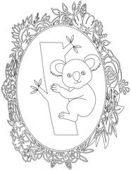 Koala in A Floral Frame Coloring Page. Printable Coloring Worksheet for Kids. Educational Resources for School and Preschool.