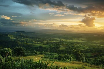 Obraz premium Sunrise Mist in Lush Green Hills