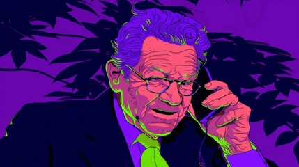 Illustration of a mature businessman talking on the phone with a smile, set against a purple backdrop with plant silhouettes.