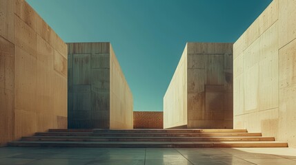 The image shows a long, narrow hallway with concrete walls and a blue sky at the end. The hallway is flooded with water, reflecting the sky and the walls.