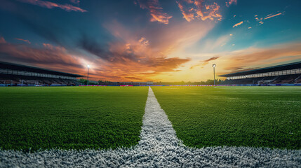 Soccer field at sunset with stadium lights. Copy space. Generative AI	