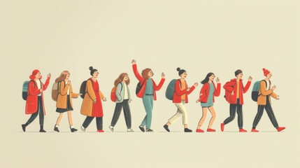 Illustration of happy friends dancing in a row in an urban setting, depicting joy and unity among a diverse group.