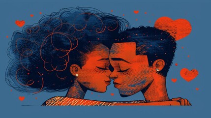 Illustration of a happy African American couple embracing and touching foreheads, surrounded by hearts.