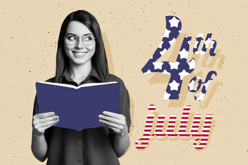Composite collage image of female read book national independence america day fourth july concept bizarre unusual fantasy billboard - Powered by Adobe
