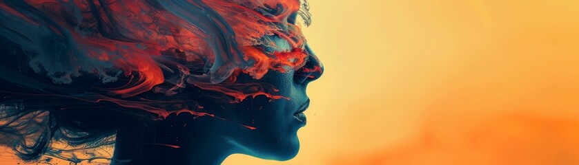 The image shows a woman's face in profile. Her face is made of fire. The background is a gradient of orange and yellow. The image is very striking and beautiful.
