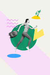 Collage artwork image of happy cheerful funny girl running resort weekend isolated on painted background