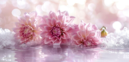 Soft pink dahlias in frosty water evoke romance.