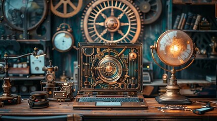 Fototapeta premium A steam punk scene with an influencer marketing vintage cryptographic devices as trendy cybersecurity solutions