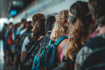 Obraz premium Generative AI composition image of traveling concept young person woman man at airport bus railway station