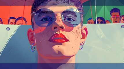 A vibrant illustration of a happy young drag queen holding a banner amid a colorful background, exuding confidence and pride.