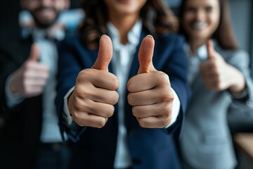Close up business thumbs up sign on blurred background of business people s hands gesturing like