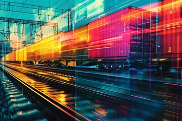 Fototapeta premium Highspeed intermodal train in action, close up of brightly colored containers, detailed and energetic, double exposure silhouette with a bustling port