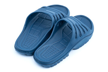 Colorful blue Sandals shoes. Pair of stylish blue flip-flops on white background