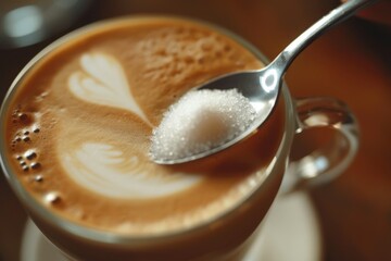 A close-up shot capturing the intricate motion of a coffee spoon gently stirring sugar into a creamy latte. - Powered by Adobe