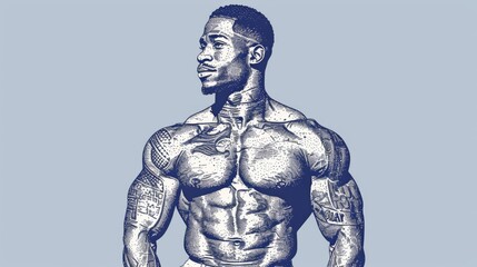 Obraz premium Illustration of a young Afro American man with a muscular physique, tattoos, and a confident pose.