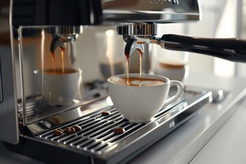 Witness the precision and artistry of a coffee machine as it meticulously brews a flavorful cup of coffee.