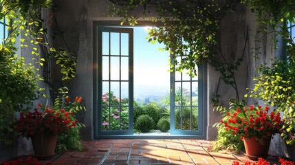 Garden Window. View of Home Garden Through Opened Window in 3D Landscape