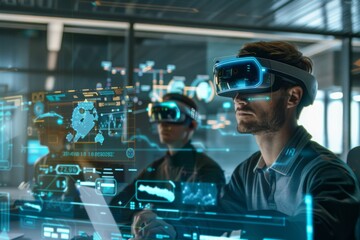 A futuristic office environment with employees using augmented reality (AR) glasses
