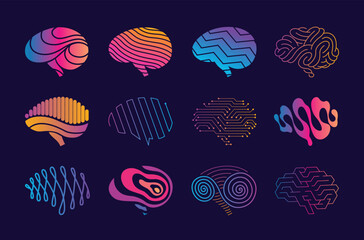 Brain logo icons set. Digital symbols template of science innovation, machine learning or ai. Psychology mental health or new technology development. Vector brain color silhouette on dark background