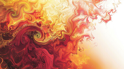 A gradient of warm colors from red to yellow, with swirling patterns and textures forming an abstract composition on a white background.