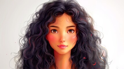 Illustration of a stylish young woman with voluminous curly hair and expressive eyes against a grey background.