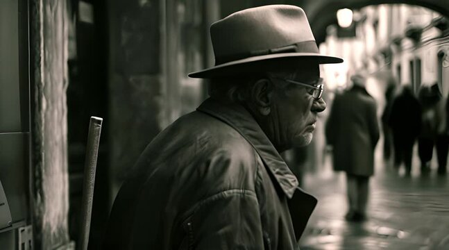 An old man in glasses and hat standing and thinking in the street, black and white footage 