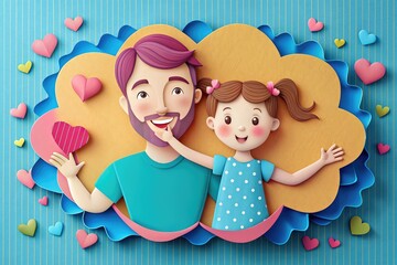 Papercut illustrations of cute father and his daughter on floral background