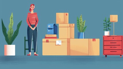 Illustration of a woman standing beside packed cardboard boxes, possibly moving or organizing items.