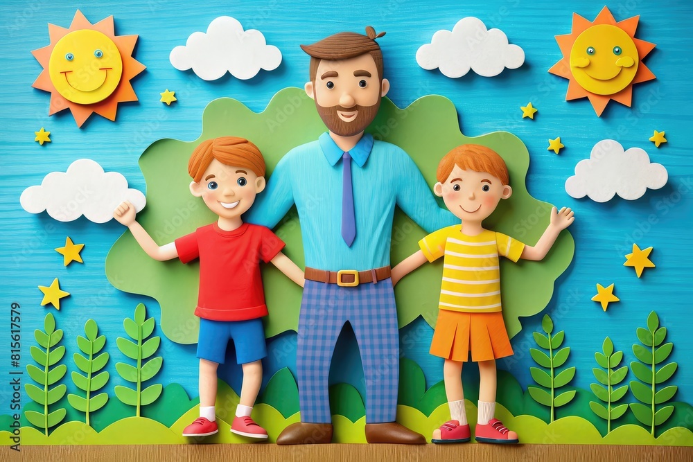 Wall mural fathers day papercut illustrations of father and his two sons on natural background