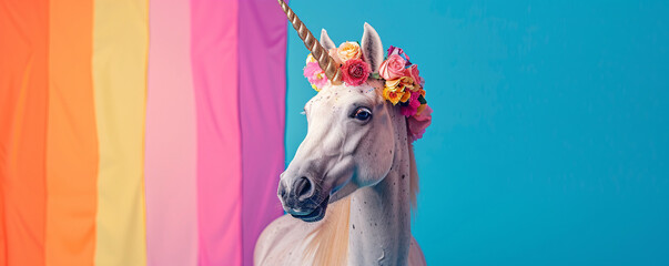 A unicorn adorned with a floral wreath gazes serenely under a rainbow flag on a minimalist backdrop. The fantastical and heartwarming scene is perfect for conveying messages of pride and diversity,