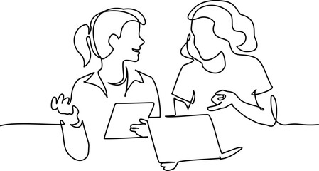 Two girl friends discussing Internet data using laptop. Line drawing
