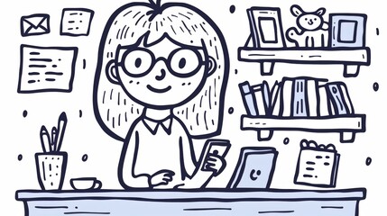 Illustration of a smiling businesswoman at her office desk using a smartphone with various office items around.