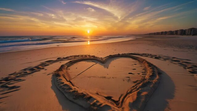 A heart drawn in the sand on the beach with the ocean and sunset in the background. AI.