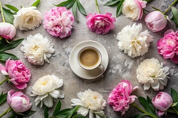 A beautiful postcard. A coffee cup with a saucer and white, pink peonies. A beautiful still life. Spring, summer time. The concept of "Good morning".