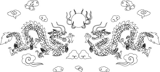 Sketch illustration vector design drawing mythological animal dragon flying in the sky ethnic traditional chinese