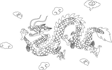 Sketch illustration vector design drawing mythological animal dragon flying in the sky ethnic traditional chinese 