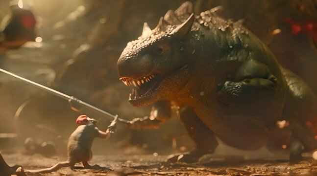 A little white mouse fighting with a giant mutant reptile 