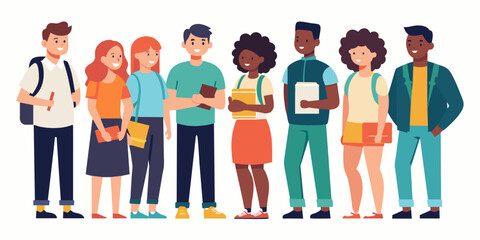Fototapeta premium Happy College Learners in Row: Diverse Students with Books and Backpacks